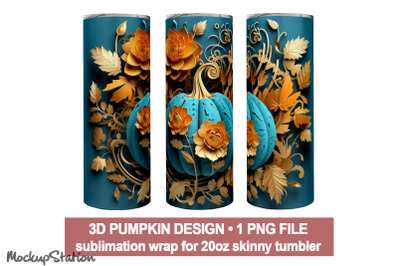 Pumpkin 3D Tumbler Wrap Design Sublimation PNG, Halloween Fall 20oz