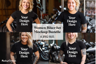 Women Biker Bella Canvas 3001 T-Shirt Mockup Bundle, Woman Motorcycle