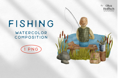 Watercolor Fishing Composition. Fisherman PNG Clipart