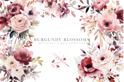 Watercolor Burgundy &amp;amp;amp;amp;amp; Blush Flowers Clipart Collection