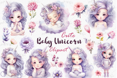 Baby Girl Unicorn Watercolor Clipart