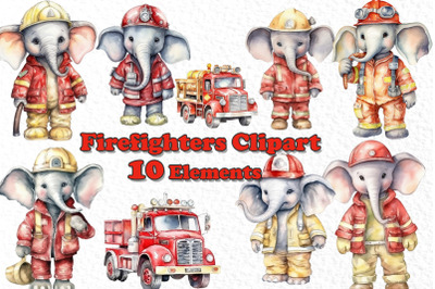 Watercolor Elephant Clipart Firefighters clipart Fire truck