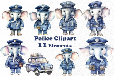 Watercolor Clipart,Cute Elephant Clipart, Police clipart