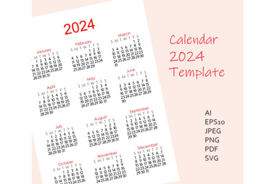 Calendar 2024 template, printable organizer