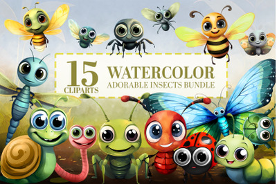 Watercolor Garden Bugs Clipart - 15 Cute Insect PNGs, Commercial Use