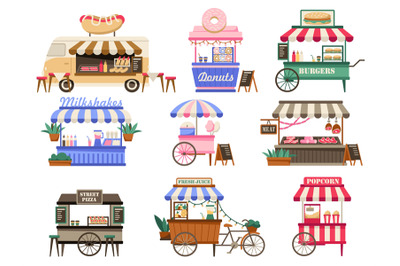 Street vendor booths. Outdoor local market stalls and fast food kiosks