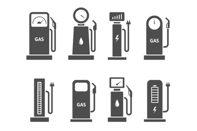 Car refueling station icons. Gas and petrol pump, electric vehicle cha