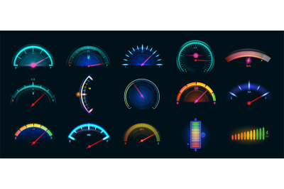 Car dashboard meter designs. Colorful speedometer, fuel gauge and batt