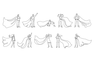 Continuous one line superheroes. Super woman and man with hero cloth c