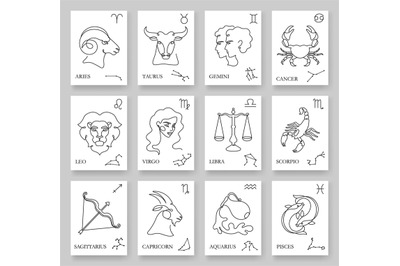 Continuous one line zodiac signs. Minimalistic horoscope cards with zo