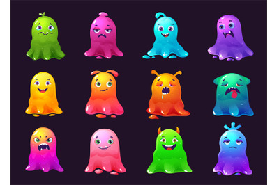 Cartoon slime monsters. Sticky blob character, color jelly creatures a