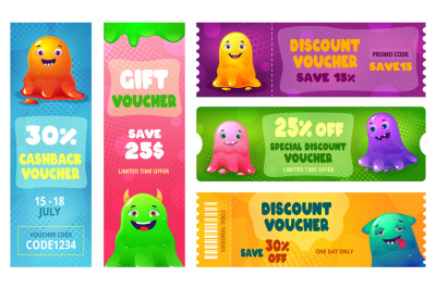 Slime monsters voucher templates. Funny cashback voucher with sticky j