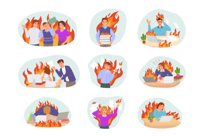 Professional burnout. Employees on fire at work, cartoon office chaos