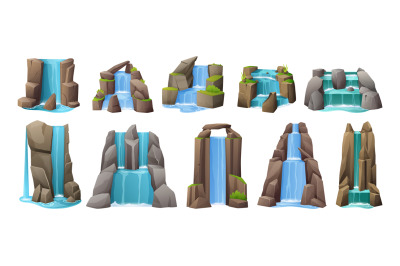 Cartoon waterfall. Cartoon water cascade icons, tropical nature landsc