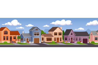 Cartoon neighborhood street. Cottage houses in suburbs, American style