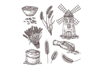 Hand drawn wheat. Sketch bag of grains, windmill, ear spikes and seed.