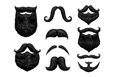 Sketch black mustache and beard. Hand drawn retro gentleman barber sty