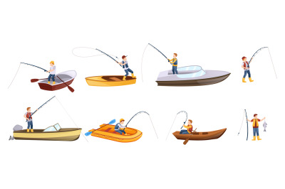 Cartoon fisherman characters. People fishing from boat&2C; cast fishing r