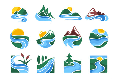 Rivers emblem. Flowing water streams, nature landscape icons and mount