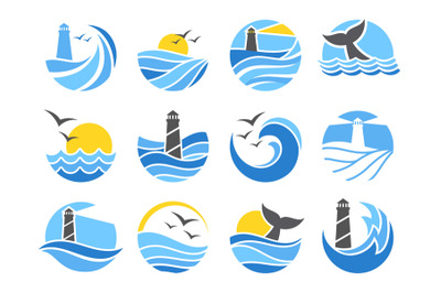 Ocean emblem. Sea waves with seagulls, lighthouse icon and whale tail