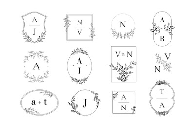 Botanical monogram. Natural emblem with leaves on branches and bloomin