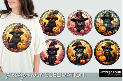 Halloween Cat Stained Glass Round PNG Sublimation Bundle