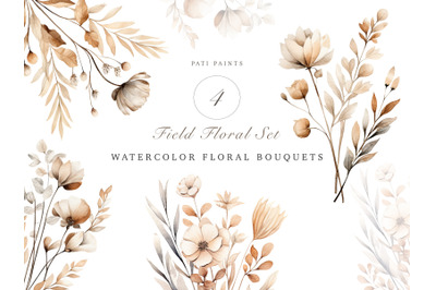 Watercolor Neutral Bouquet Clipart Set