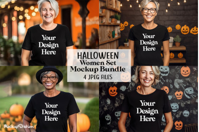 Halloween Women Black T-Shirt Mockup Bundle, Woman Fall Tee Mock Up
