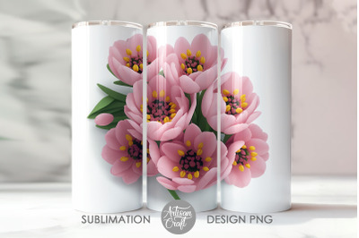 3D Pink Flowers, 20oz Skinny Tumbler, Sublimation Design