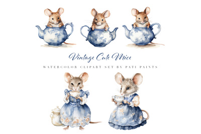 Watercolor Vintage Mice at The Tea Nursery Clipart Set Cute Animal