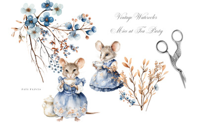 Vintage Watercolor Mice at The Tea Party Cute Illustration