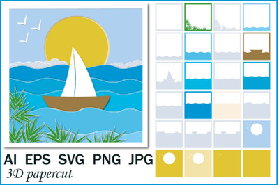 Seascape sailboat. Multilayer 3D postcard SVG, shadow box