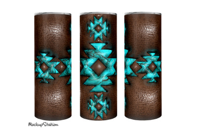 3D Inflated Puffy Western Tumbler Wrap, Puff Turquoise and Leather