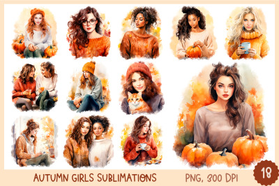 Watercolor Fall Girl Sublimation | Women With Pumpkin Print