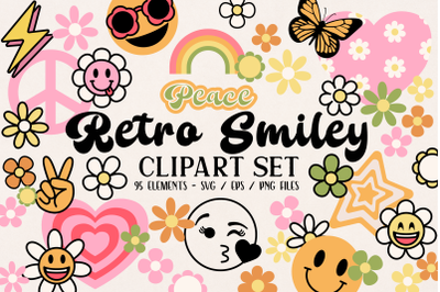 Retro Happy Smiles Clipart  Pastel Retro  Boho Hippie SVG PNG EPS Clip