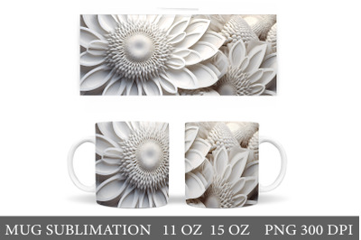 3D White Flowers Mug Wrap. 3D Flowers Mug Wrap Sublimation