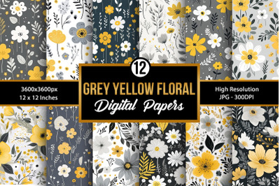 Grey &amp; Yellow Cute Floral Seamless Pattern Digital Papers