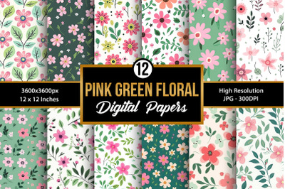 Pink &amp; Green Cute Flowers Seamless pattern, Floral Digital Papers