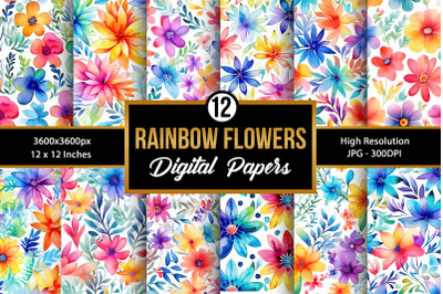 Rainbow Watercolor Flowers Digital Papers Seamless Patterns