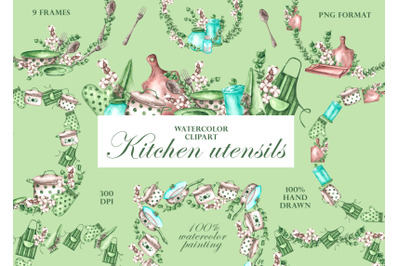 Kitchen utensils watercolor frames, wreaths, borders. Kitchenware logo