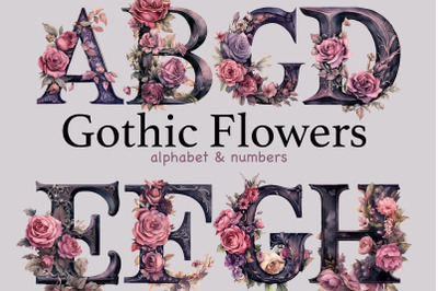 Gothic Flowers Alphabet | Watercolor Floral Clip Art Bundle