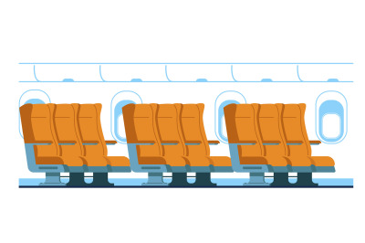 Airplane cabin with passenger seats and porthole windows. Air transpor