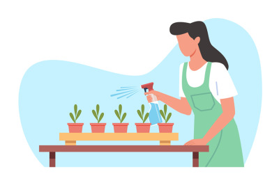 Plant care, woman sprays pots of seedlings from spray bottle. Room gar