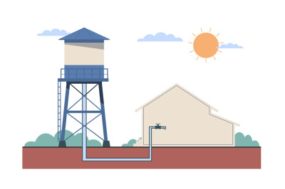 Concept of water tower operating principle. Supply storage, industrial