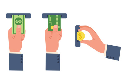 Concept of ATM terminal payment, hand hold gold coin, banknote or cred