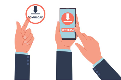 Hands press download button on smartphone screen to downloading inform