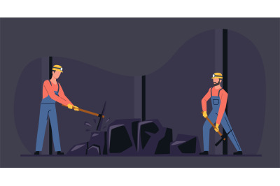 Miners with picks work in coal mine. Male character in uniform and hel