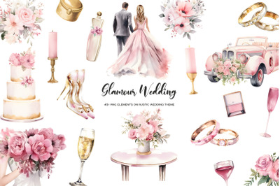 Watercolor glamour wedding clipart. Pink and gold gorgeous wedding
