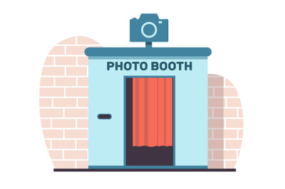 Photo booth for quick photos near brick wall. Digital kiosk for passpo