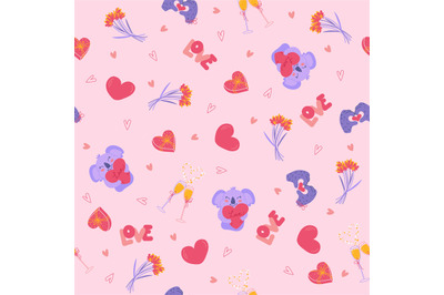 Seamless pattern with hearts, glasses and love lettering. Cute romanti